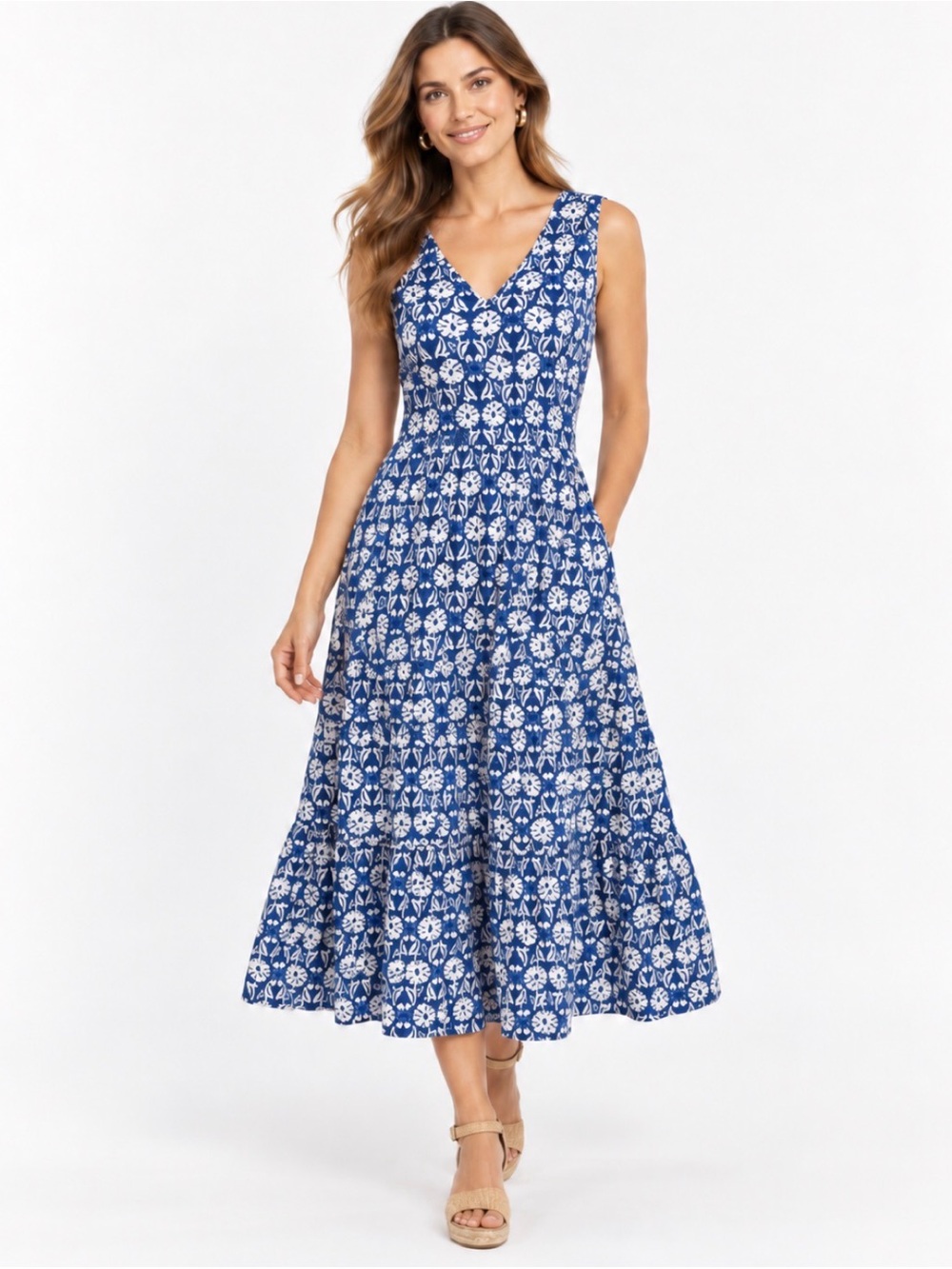 Sanoma, Blue Floral Sleeveless Dress with tiered skirt, Size L